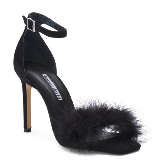 CHARLES DAVID Suede Esquire Faux Feather Heeled Sandals - Picture 1 of 3